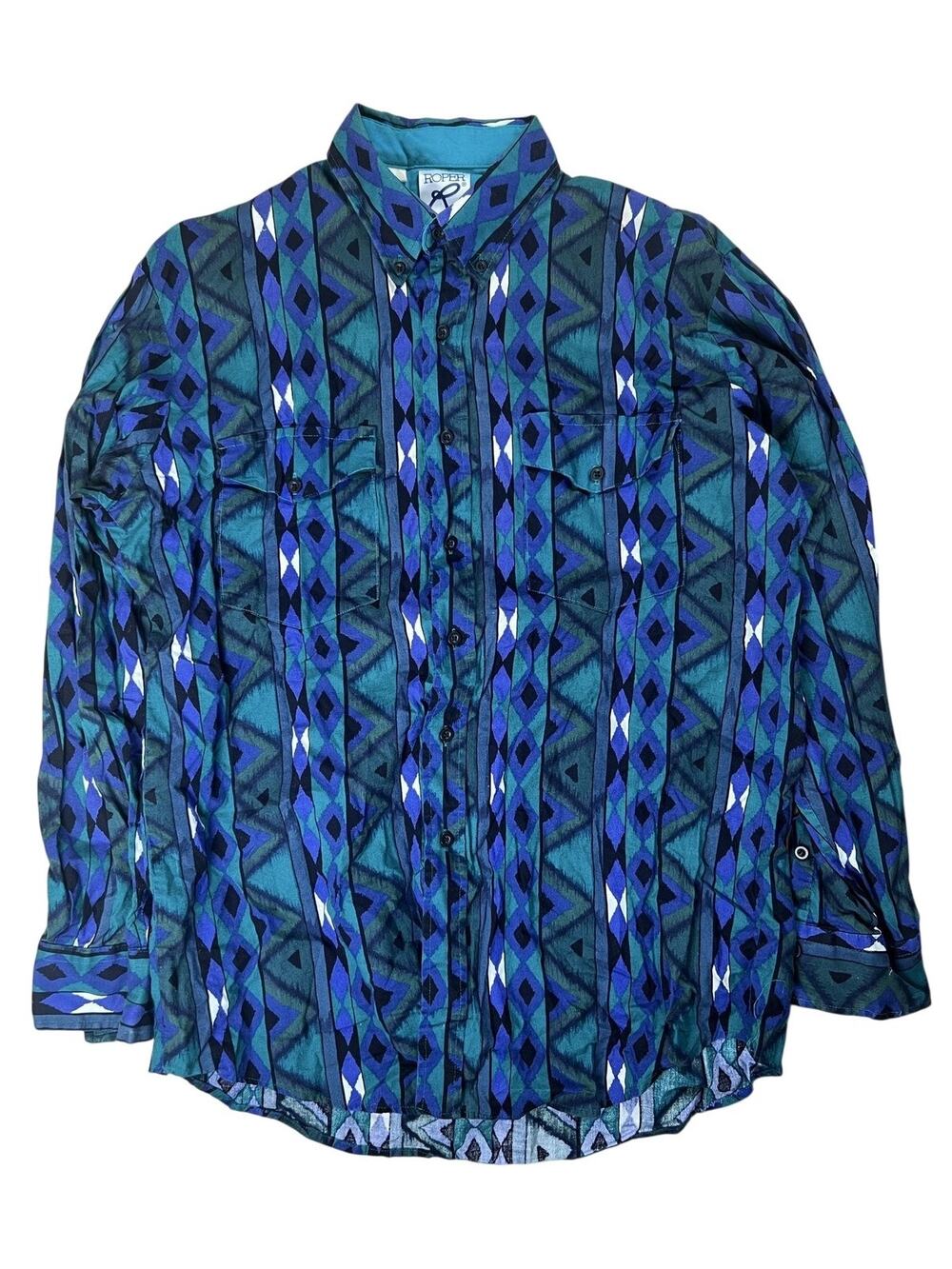 Roper Shirt Mens L Green Geometric Long Sleeve Button Up Lightweight Pocketed